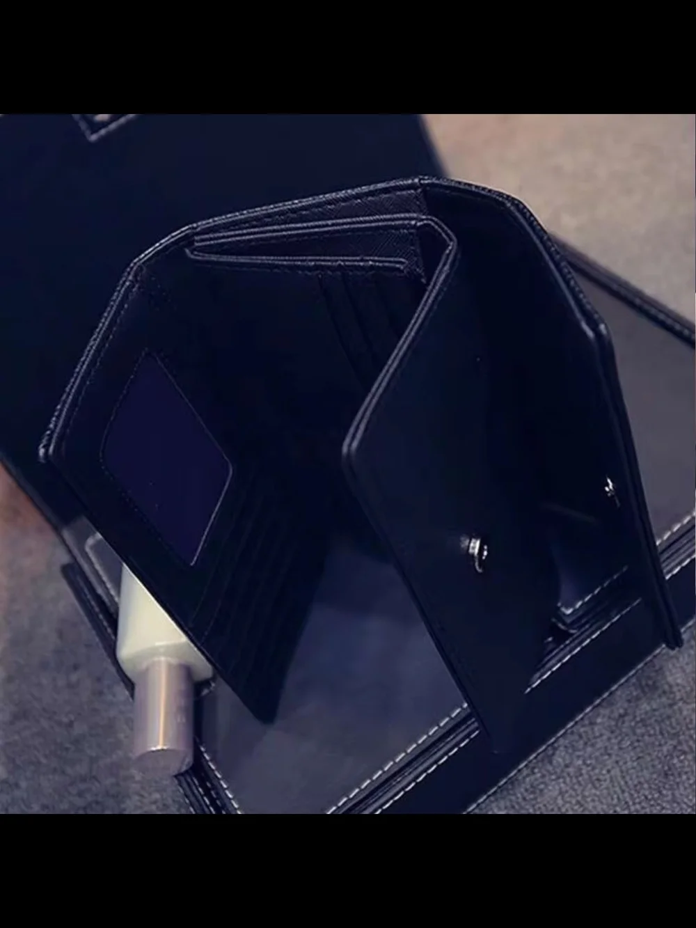 Fashionable Gold Tone Rivet Decorated Trifold Black Long Wallet Daily Use